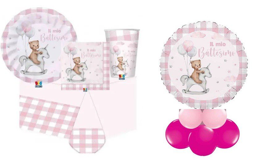 KIT 32 OSPITI COORDINATO TAVOLA BATTESIMO TEDDY BEAR ROSA CON ...