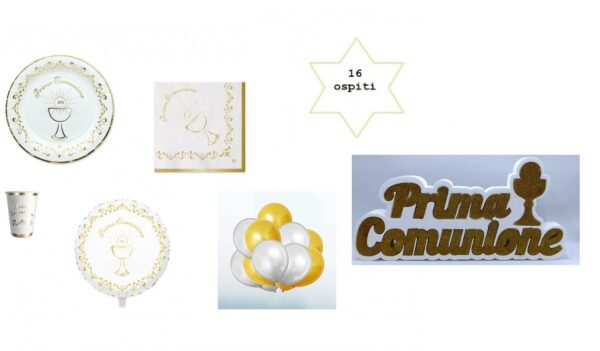 Kit 16 Ospiti Coordinato Tavola Prima Comunione Classic Chic con Scritta in Polistirolo Glitterato Pallone Mylar e palloncini