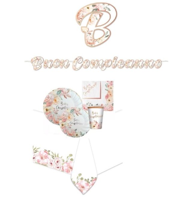 Kit 16 ospiti Buon Compleanno Rose Gold Con Festone coordinato Tavola